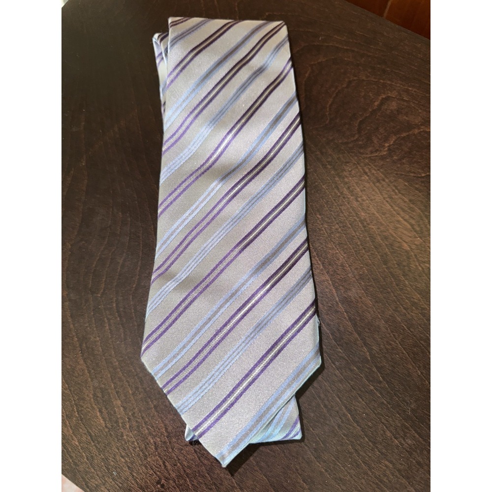 Van Heusen Men's Silk Blend Neck Tie Silver Purple Blue Stripes NWOT
